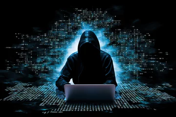 Foto op Canvas A hooded figure hacking data servers and laptops on the internet while trying to hack vulnerable systems to test cybersecurity and plant a virus or malware, Generative AI stock illustration image © Tony Baggett