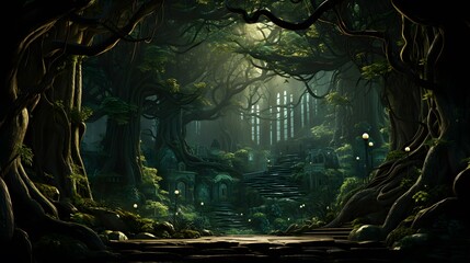 Mysterious dark green forest. Fantasy landscape. 3D illustration