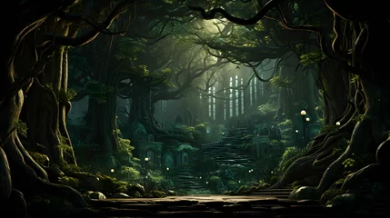 Fototapeten Mysterious dark green forest. Fantasy landscape. 3D illustration © Iman