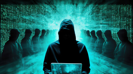 A hooded figure hacking data servers and laptops on the internet while trying to hack vulnerable systems to test cybersecurity and plant a virus or malware, Generative AI stock illustration image - obrazy, fototapety, plakaty