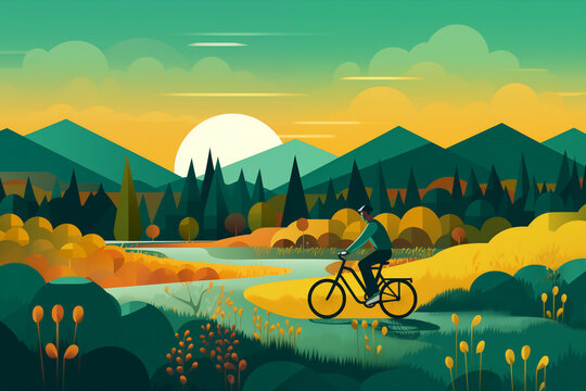 Mountain biker cyclists shown in a contemporary athletic abstract design cycling bike landscape, computer Generative AI stock illustration image