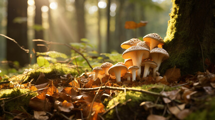 Fresh porcini mushrooms in a forest - obrazy, fototapety, plakaty