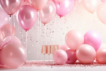 Light Pink Table with Balloons and Confetti: Baby Girl Shower or Gender Reveal Party Decor