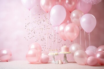 Light Pink Table with Balloons and Confetti: Baby Girl Shower or Gender Reveal Party Decor