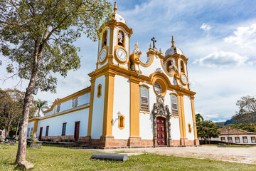 Tiradentes Mother Church, Santo Antonio Catholic Church seen in the morning with blue sky in city Tiradentes, Minas Gerais, Brazil