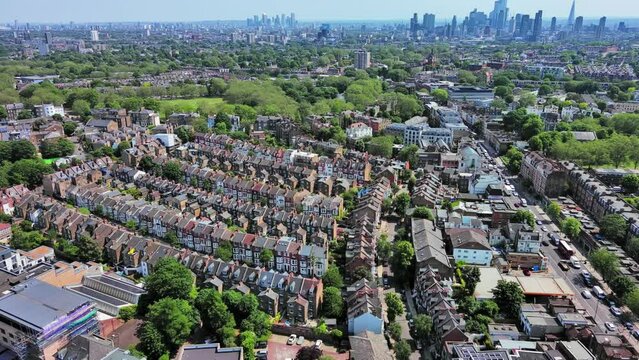 London, England: Aerial view of capital city of UK, Highbury Fields Park in Islington on sunny summer day - landscape panorama of United Kingdom from above
