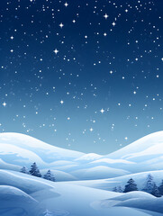 Serene minimalist winter night landscape with glowing stars over snow-covered mountains and forest.