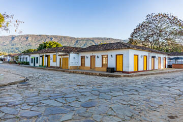Colonial houses in the historic city of Tiradentes, old houses on a stone street, route of the Estrada Real de Minas Gerais, Brazil