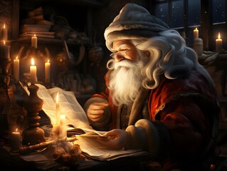 Santa Claus reading a book in a dark room at night. 3d illustration