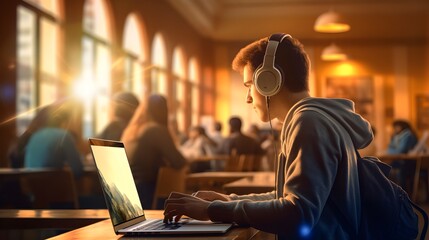 E-learning at dawn, silhouette shot of a student attending an online class with the first light of...