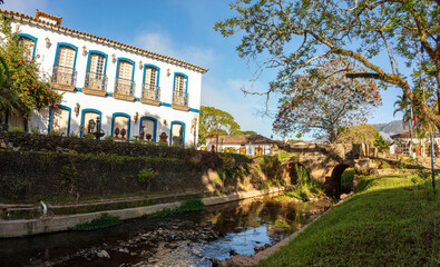 Colonial building with river next to it, period of colonial Brazil, City of Tiradentes in Minas Gerais