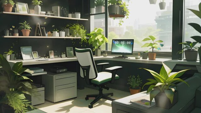 work space with computer setup and beautiful natural ornamental plants. Cartoon or anime illustration style. seamless looping 4K time-lapse virtual video animation background.