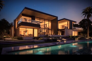 Luxury modern house with swimming pool at night. Nobody inside