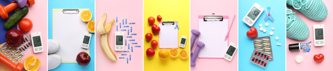 Collage of glucometer with pills, sports equipment and healthy ptoducts on color background