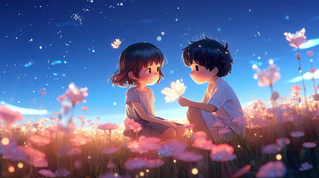 little girl and boy childhood friend sitting together in pink flower field at dawn under starry sky, anime wallpaper design, Generative Ai