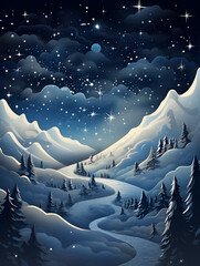 Surreal abstract landscape with starry night over winding pathways through the mountains. Vertical 3:4 ratio illustration