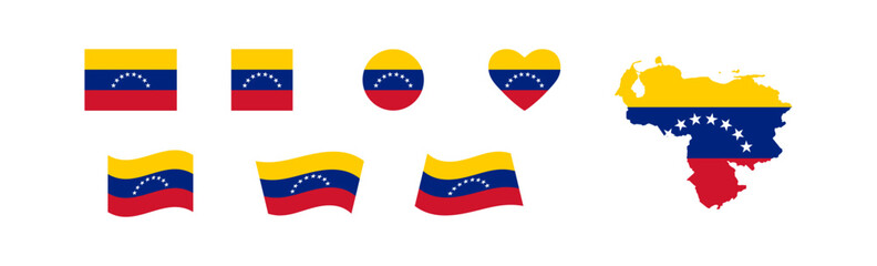 Venezuela map and flag set icons. Bolivarian Republic of Venezuela. Isolated sign symbols, vector