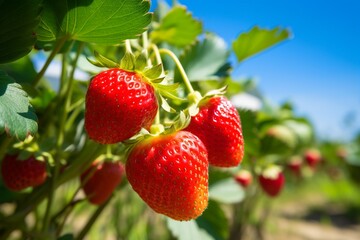 Ripe Red Strawberries on a Sunny Day in the Orchard