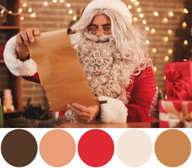 Santa Claus reading letter at home in evening. Different color patterns