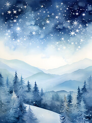 Fototapeta na wymiar Watercolor winter landscape with pine trees and a star-filled night sky, conveying a serene, magical scene. Vertical 3:4 ratio