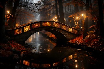 Bridge over the river at night in autumn forest. Panorama.