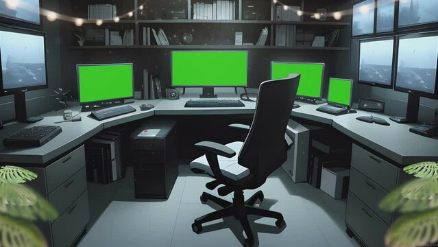 illustration of a control room with many computers and monitors. monitor screen with a green chroma key background. anime illustration style. seamless looping 4K time-lapse virtual video animation.