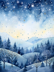 Watercolor winter landscape with pine trees and a star-filled night sky, conveying a serene, magical scene. Vertical 3:4 ratio