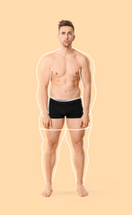 Fototapeta premium Muscled young man after weight loss on beige background