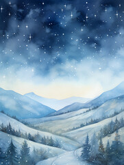 Fototapeta na wymiar Watercolor winter landscape with pine trees and a star-filled night sky, conveying a serene, magical scene. Vertical 3:4 ratio