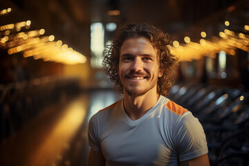 Fototapeta premium portrait of young muscular man resting in gym while looking at camera. Healthy lifestyle