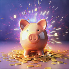 Piggy bank saves a lot of money gold shower coins