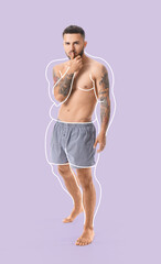 Handsome young man after weight loss on lilac background