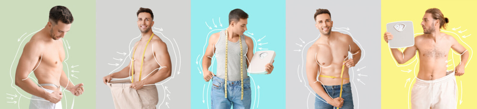 Set of men after weight loss on color background