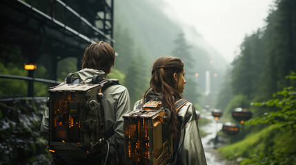 Young couple walking with futuristic backpacks somewhere in near future. Hiking and travel concept