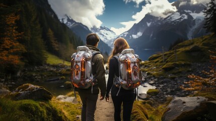 Young couple walking with futuristic backpacks somewhere in near future. Hiking and travel concept