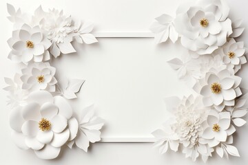 Fototapeta na wymiar White Frame with Paper Flowers and Copy Space
