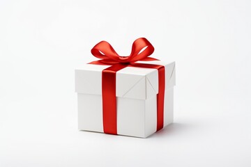 White Gift Box with Red Ribbon on White Background