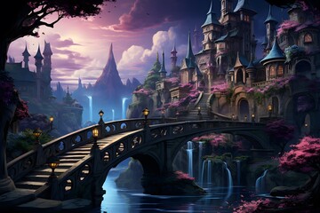 Beautiful fantasy landscape with castle and bridge, 3d render illustration