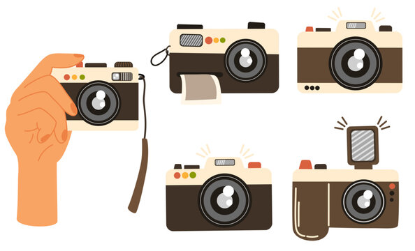 Various Photo camera. Retro Vintage camera device, polaroid. Vector hand draw set illustration.