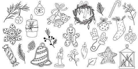 Doodle new year cute pen line elements set. Doodle Christmas cookie, bells, toys, fur tree, sparkle decoration symbol set icon. Hand draw vector illustration 
