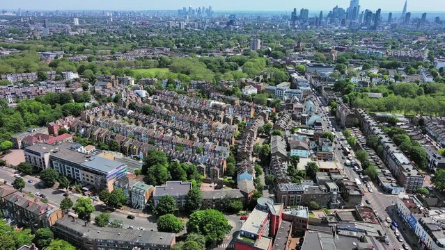 London, England: Aerial view of capital city of UK, Highbury Fields Park in Islington on sunny summer day - landscape panorama of United Kingdom from above