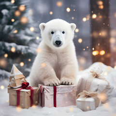 polar bear with gift Christmas decoration with a cute polar bear cub and gifts in the snow in a...