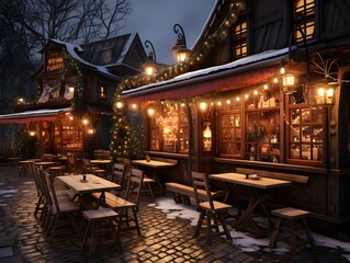 Fototapeta na wymiar Christmas restaurant at night with lights and christmas decorations, 3d rendering