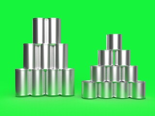 3D Illustration Stacks of Metal Tins - Green Screen