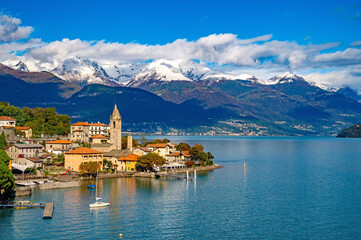 Fototapeta na wymiar Panorama of Lake Como towards the north, with the town of Cremia and the mountains in the background. 