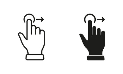 Drag Right, Hand Finger Gesture Swipe Line and Silhouette Icon Set. Pinch Screen, Rotate on Screen Pictogram. Gesture Slide Right Symbol Collection on White Background. Isolated Vector Illustration