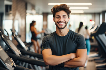 Fototapeta na wymiar portrait of young muscular man resting in gym while looking at camera. Healthy lifestyle