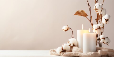 Candles and cotton flowers, AI generated - obrazy, fototapety, plakaty