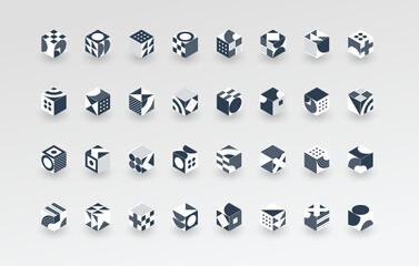 Black and White Graphic Design Elements Set. Simple Retro Isometric Pattern. Line Geometric Abstract Background, Cube, 3d Box, Square and Hexagon Shape Grid. Vintage Halftone. Monochrome Vector Logos - 674549997