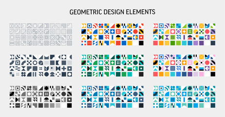 Black, White and colorful Graphic Design Elements Set. Simple Retro Geometric Line Art Pattern. Abstract Background. Square Shape Grid. Triangle, Circle, Vintage Star Forms. Vector Mosaic Palette